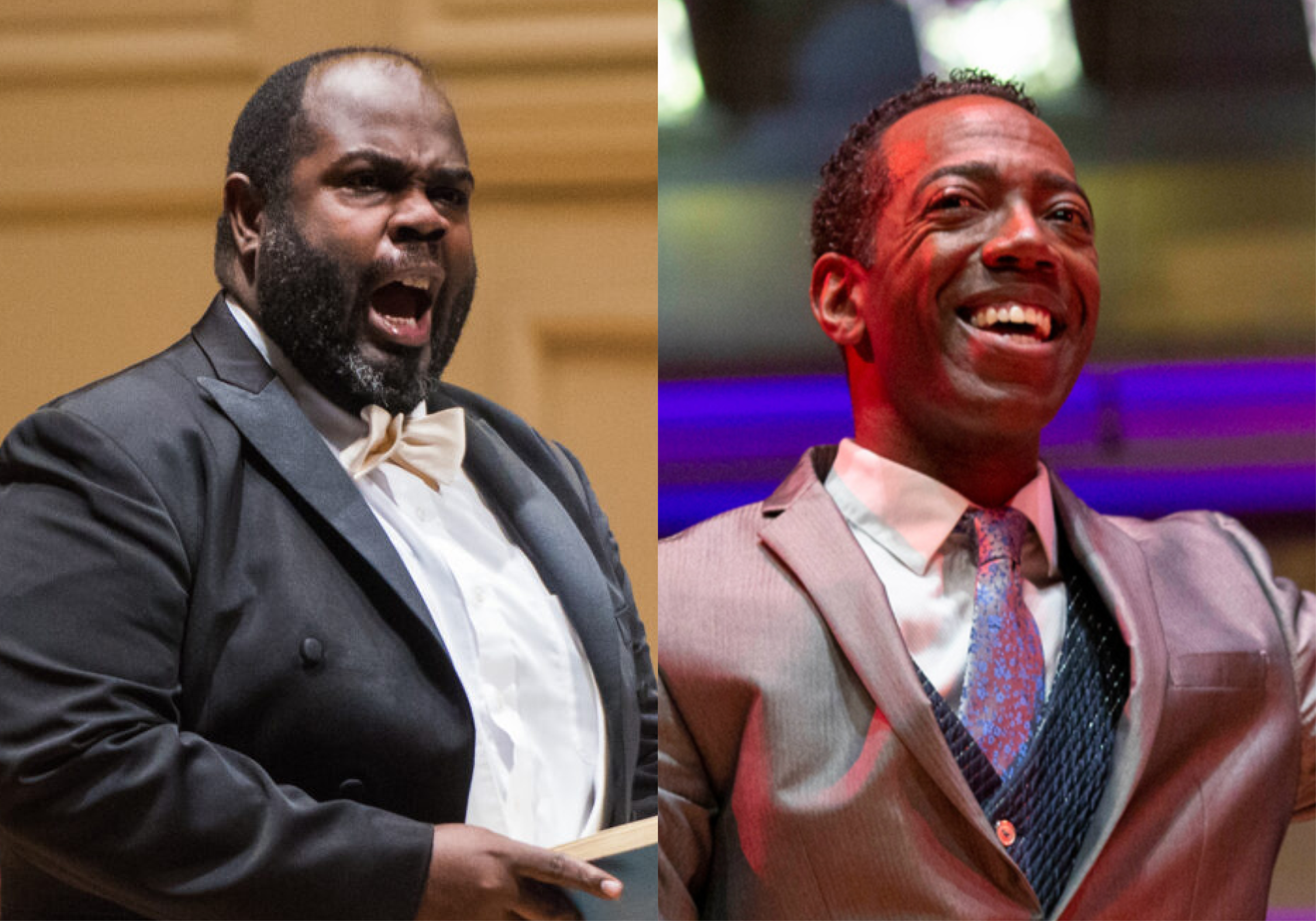 Countertenor Reginald Mobley singing and Anthony Trecek-King smiling